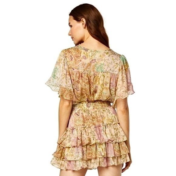 MISA Chiffon Floral Paisley Patchwork Flutter Short Sleeve Button Front Top XS - Picture 7 of 11